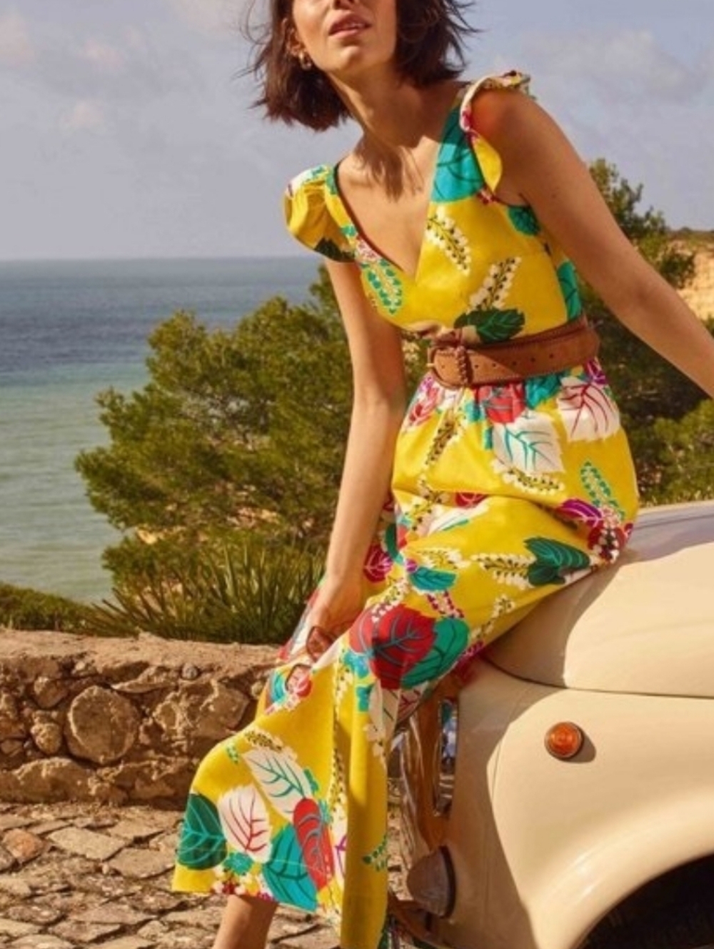 Boden Andrea Frill Sleeve Maxi Dress Floral Tropical Print Pockets Vacation Nwt